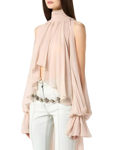 Fashionable Women's Boutique Cold-Shoulder Blouse Irregular Stand Collar Loose Women's Shirt, Blouses, Casual Shirts, Drestiny, Long Sleeves, Off Shoulder, S, M, L, XL, Light Blue, Pink, Black, cold shoulder tops for women, women's cold shoulder blouses, boutique cold shoulder tops, dressy cold shoulder tops, cold shoulder tops UK, shopdrestiny.com